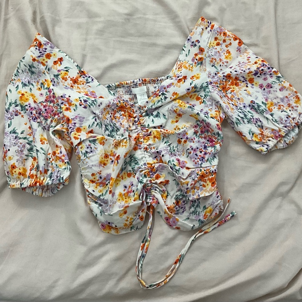 H&M White Floral Smocked Blouse